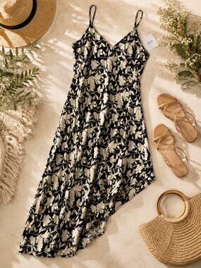Hey You Fabulous Floral Midi Dress XS Black Ivory Spaghetti Strap NWT V Neck